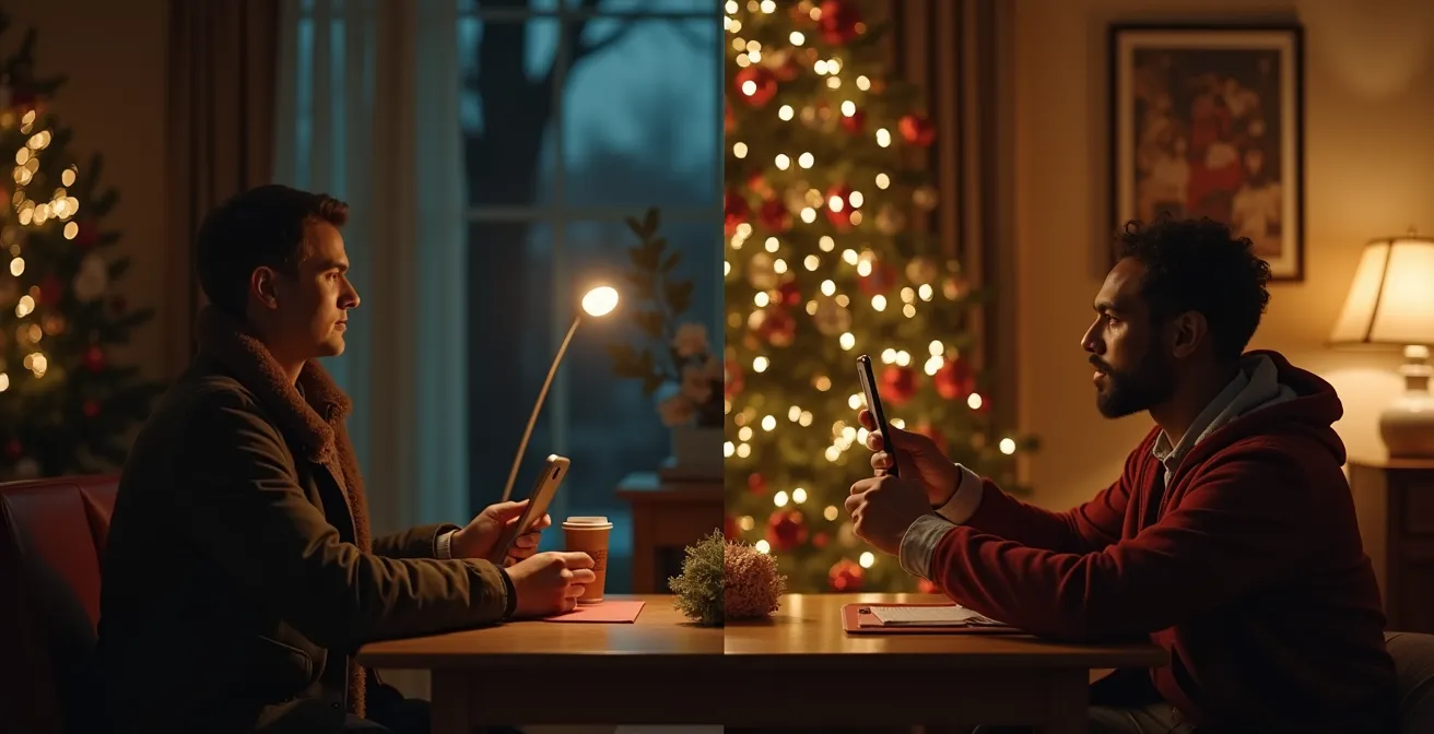 Illustration symbolique de bénévole maladroit contrastant avec un bénévole aidant efficacement, thème d'aide utile à Noël