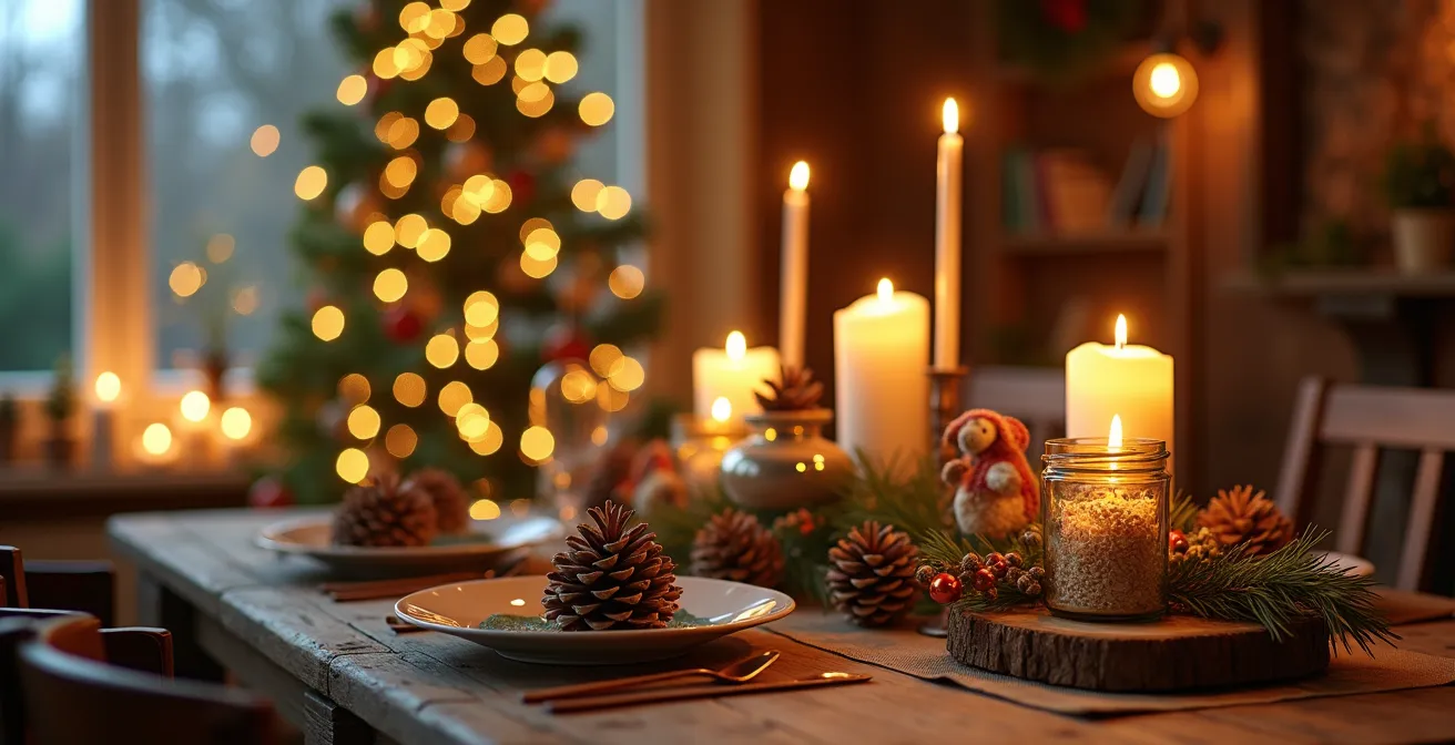 Décoration de Noël économique à base d’éléments naturels et d’objets recyclés dans un intérieur chaleureux