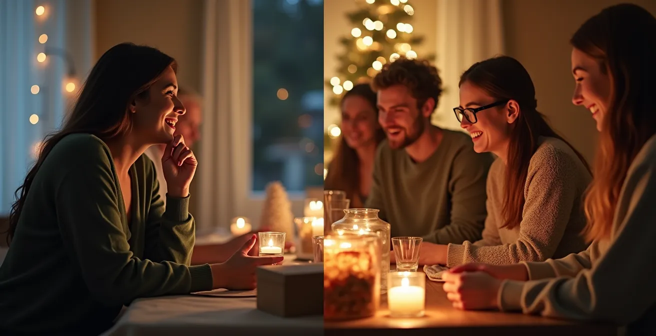 Scène contrastée entre une personne donnant seule à Noël et un groupe d'amis contribuant à une cagnotte collective festive