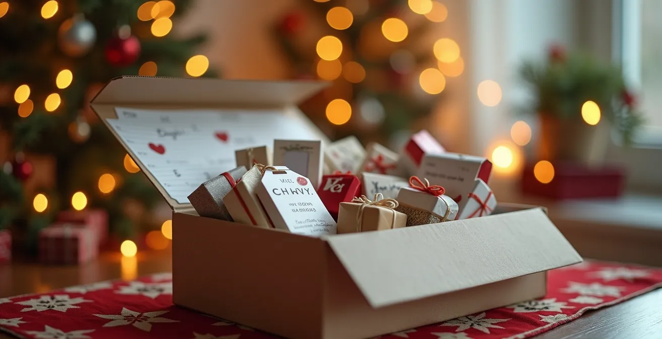 Photo d’un calendrier de l’Avent inversé avec une boîte décorée remplie d’objets de solidarité prêts à être offerts