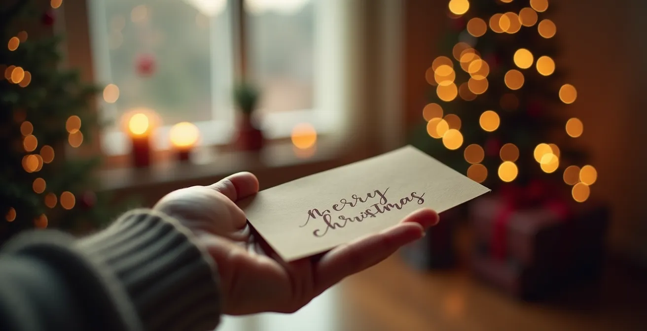 Image d'une main tendant une carte de vœux manuscrite sur un fond chaleureux avec des décorations de Noël