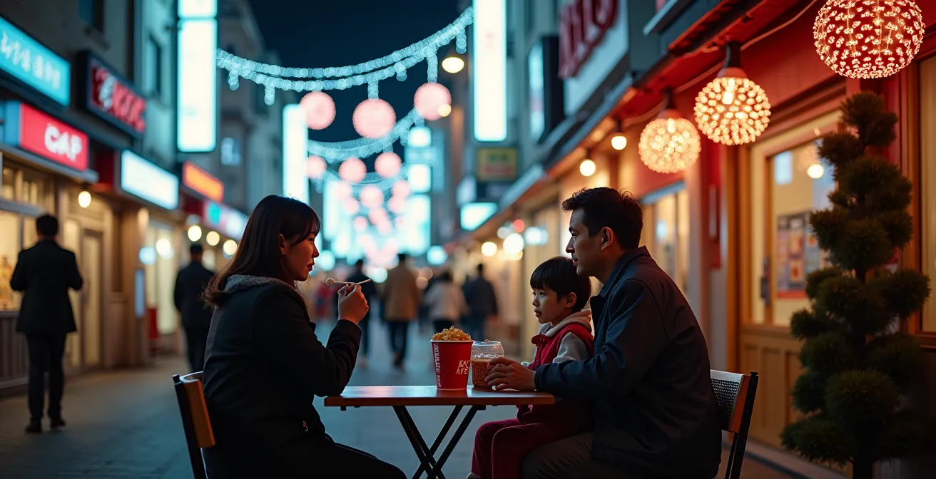 Scène urbaine japonaise moderne avec illuminations de Noël, décorations lumineuses, famille japonaise dégustant du poulet KFC