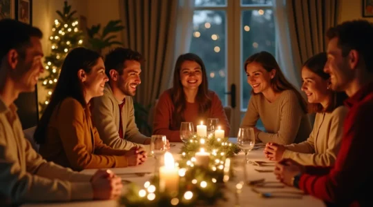 Table joliment décorée pour Noël avec éléments festifs laïcs, personnes de diverses origines réunies dans une ambiance chaleureuse et festive