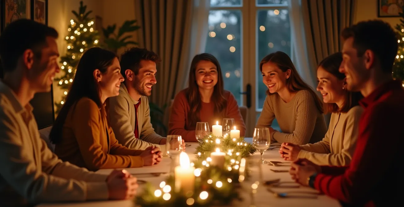 Table joliment décorée pour Noël avec éléments festifs laïcs, personnes de diverses origines réunies dans une ambiance chaleureuse et festive