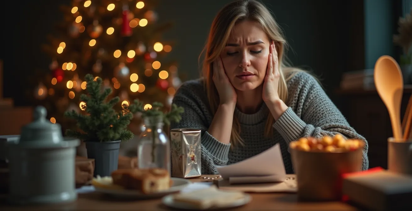 Illustration symbolique représentant une personne femme submergée par de nombreuses tâches de Noël, entourée d’objets festifs et de to-do lists.