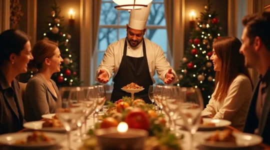 Une table élégamment dressée pour un repas de réveillon de Noël, avec un chef organisant les plats et une atmosphère chaleureuse et festive
