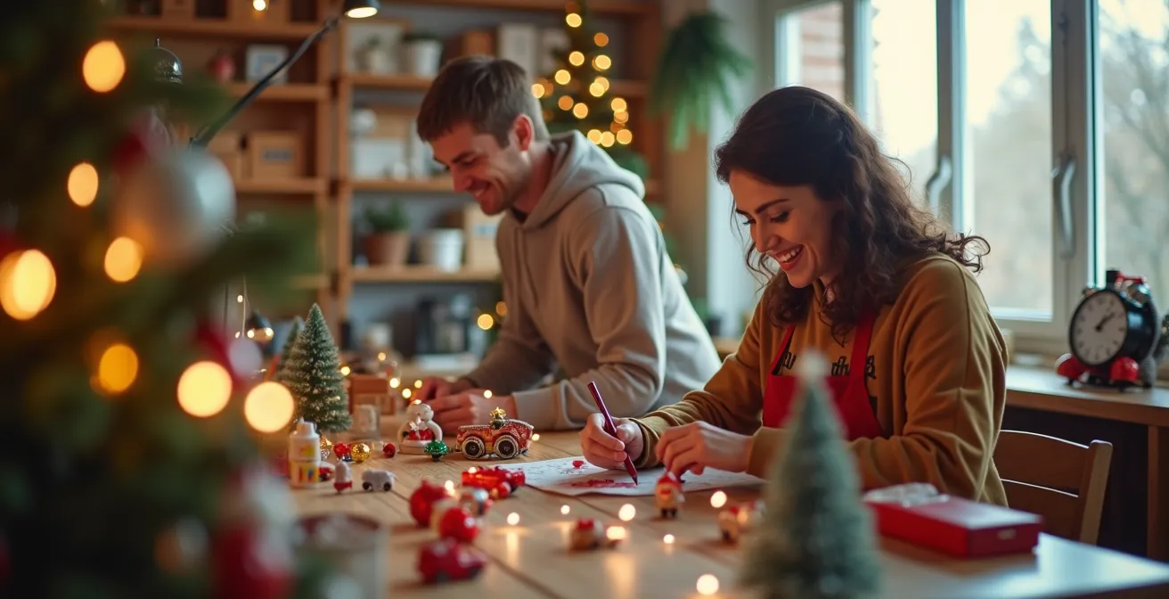 Atelier convivial de bénévoles testant et réparant des jouets pour une collecte de Noël réussie
