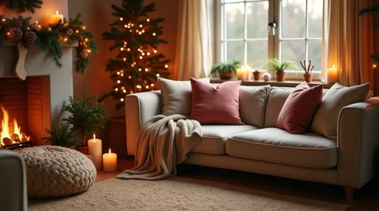 Un salon cosy décoré pour Noël avec des éléments apaisants et chaleureux formant une ambiance de sérénité