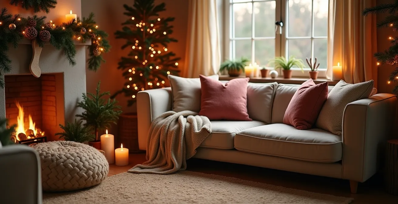 Un salon cosy décoré pour Noël avec des éléments apaisants et chaleureux formant une ambiance de sérénité