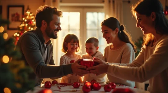 Une famille offrant des jouets soigneusement choisis à une association, dans une ambiance chaleureuse de Noël