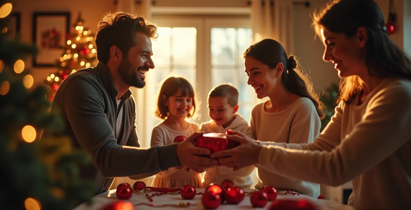 Une famille offrant des jouets soigneusement choisis à une association, dans une ambiance chaleureuse de Noël