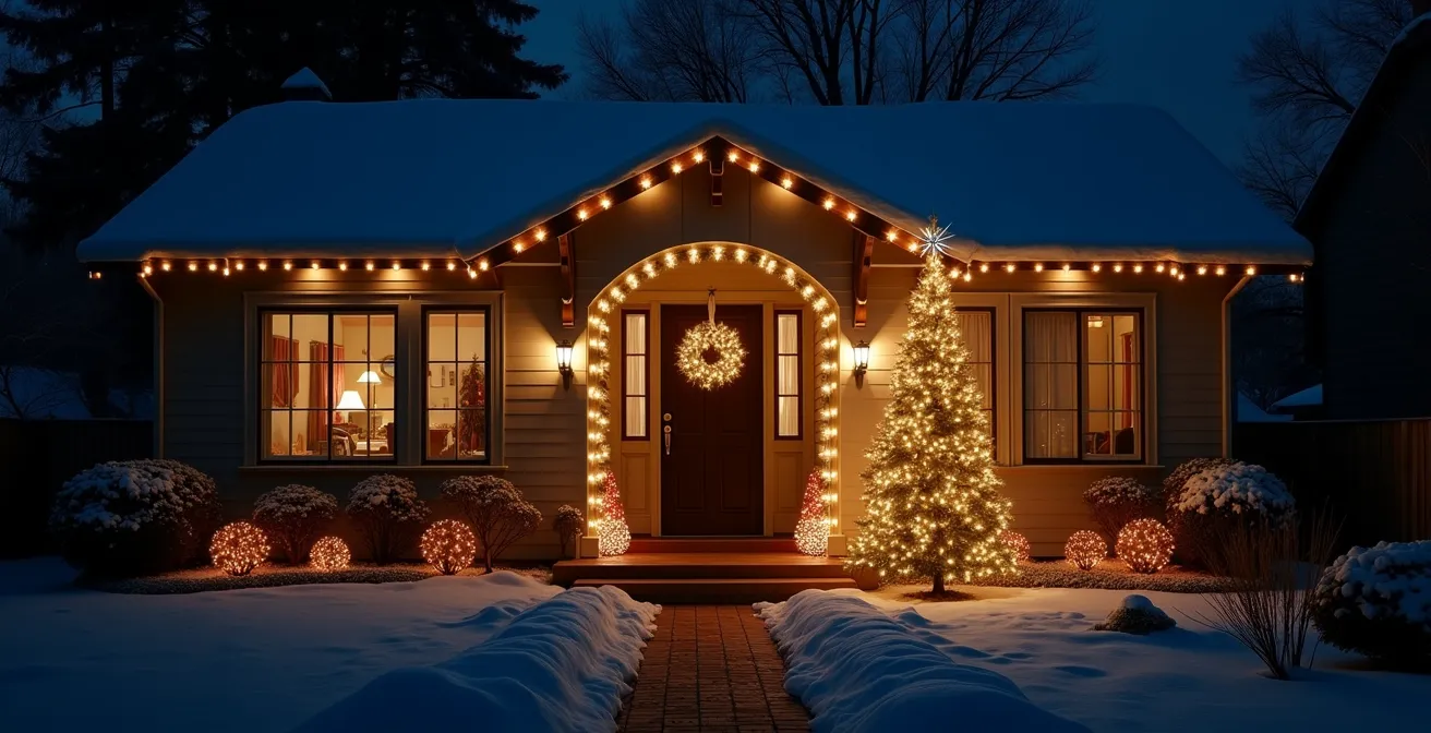 Maison décorée pour Noël avec éclairage extérieur modéré, respectueux des voisins et de la faune locale
