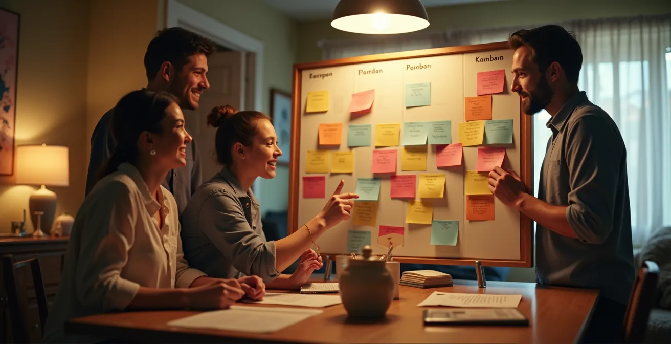 Famille réunie autour d’un tableau Kanban familial pour organiser Noël ensemble