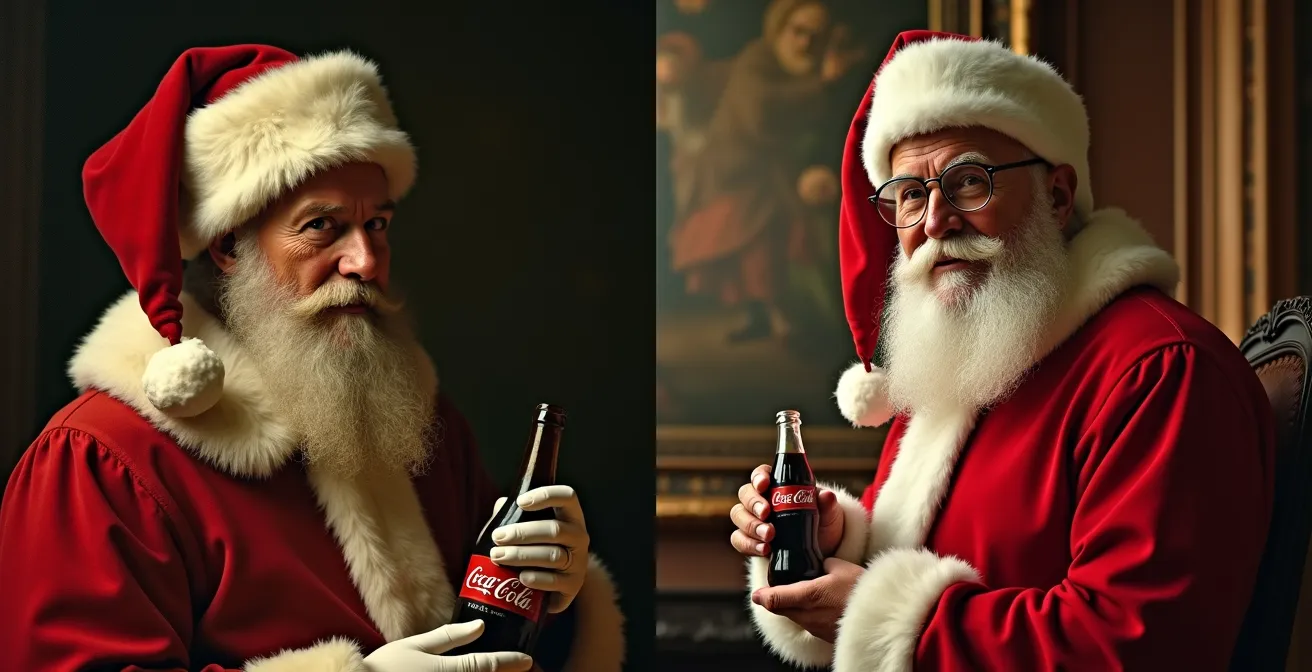 Portrait ancien et moderne du Père Noël côte à côte montrant son évolution iconographique influencée par Coca-Cola