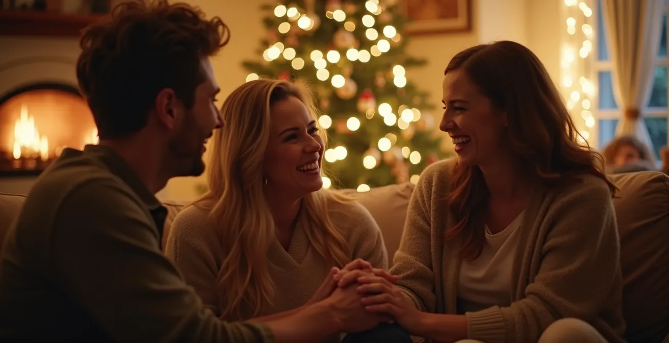 Personnes de diverses origines et âges réunies chaleureusement pour former une famille choisie lors des fêtes.