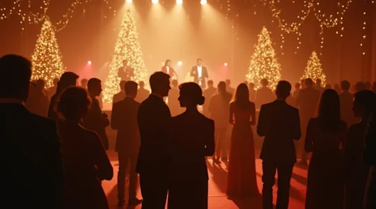 Une scène de gala de charité avec des participants élégants, un concert solidaire en arrière-plan et une ambiance festive de Noël symbolisant la générosité.