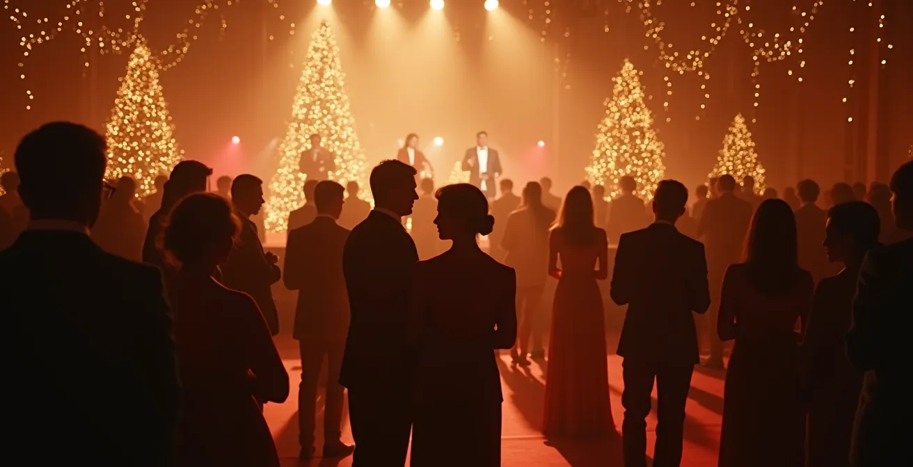 Une scène de gala de charité avec des participants élégants, un concert solidaire en arrière-plan et une ambiance festive de Noël symbolisant la générosité.