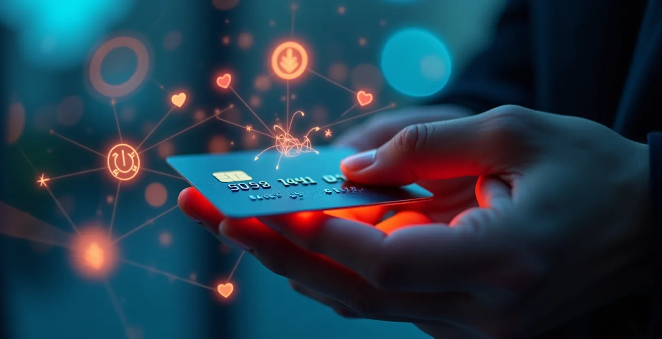 Illustration montrant une main tenant une carte bancaire avec des icônes digitales de don automatique entourant la carte