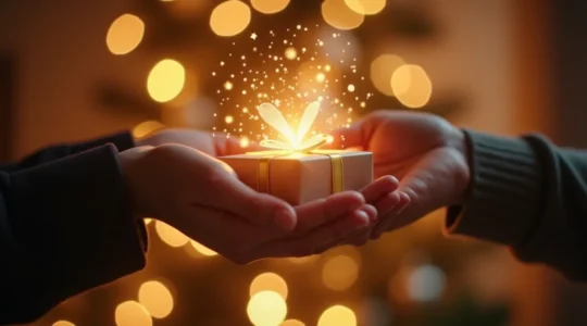 Une scène symbolique de cadeau de Noël transformé en don réfléchi pour une association, illustrant la générosité stratégique