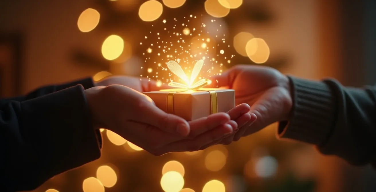 Une scène symbolique de cadeau de Noël transformé en don réfléchi pour une association, illustrant la générosité stratégique