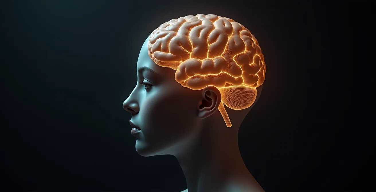 Représentation symbolique d'un cerveau humain illuminé par des points lumineux dorés, illustrant l'activation des zones liées au bien-être par la pratique de la gratitude.