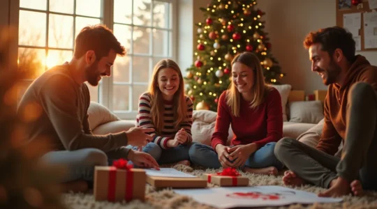 Image d'une famille multi-générationelle organisant Noël sereinement autour d'un tableau et d'objets festifs