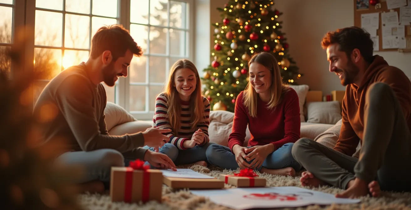 Image d'une famille multi-générationelle organisant Noël sereinement autour d'un tableau et d'objets festifs