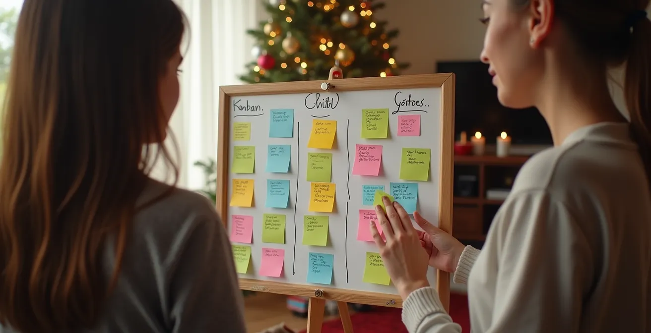 Tableau Kanban familial avec colonnes à faire/en cours/fait, cadeau, menu, décoration pour le suivi des tâches de Noël