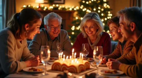 Photo évoquant une réunion familiale de Noël où différentes générations partagent un moment chaleureux mêlant tradition et modernité