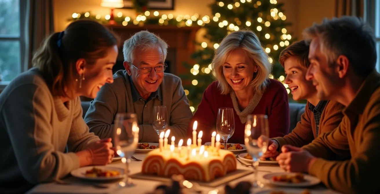 Photo évoquant une réunion familiale de Noël où différentes générations partagent un moment chaleureux mêlant tradition et modernité