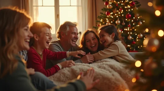 Une famille réunie autour du sapin de Noël, riant et partageant un moment convivial chaleureux