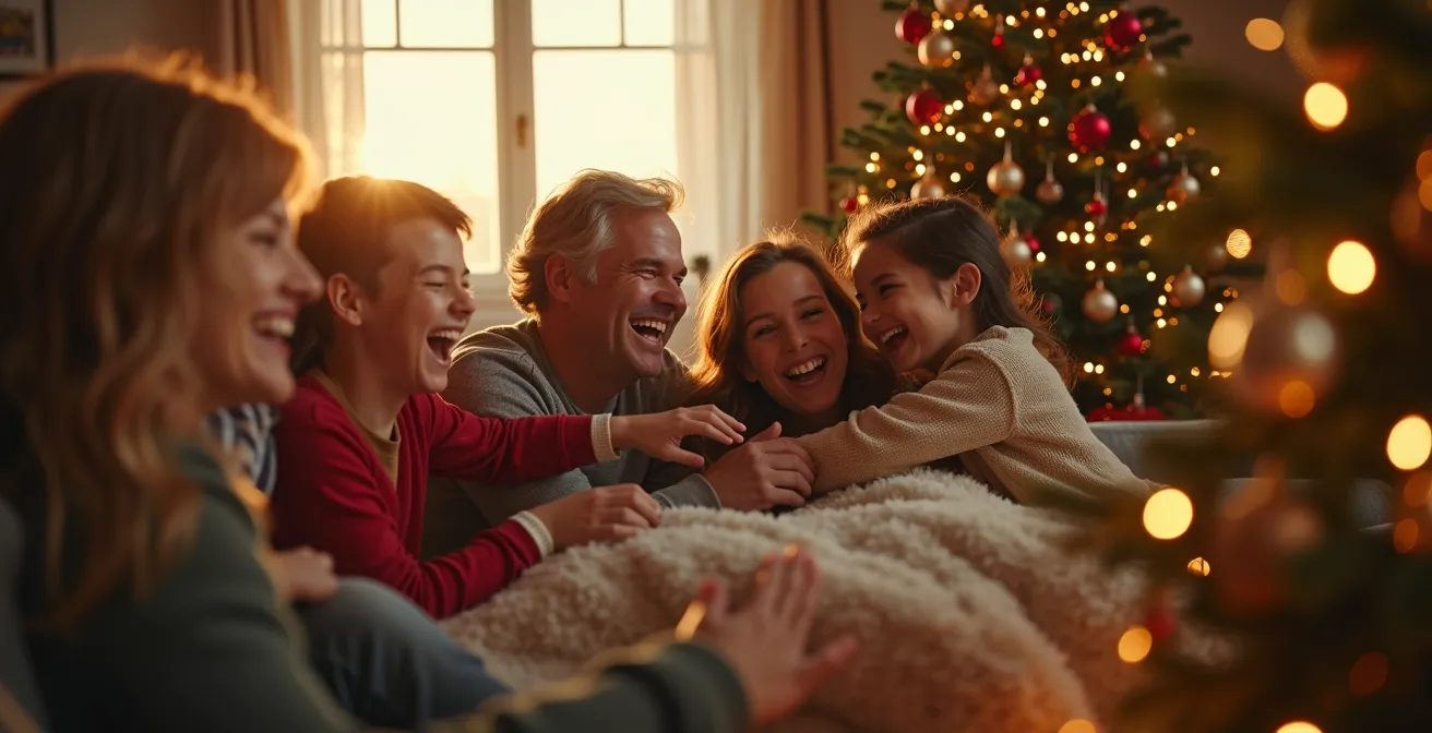 Une famille réunie autour du sapin de Noël, riant et partageant un moment convivial chaleureux
