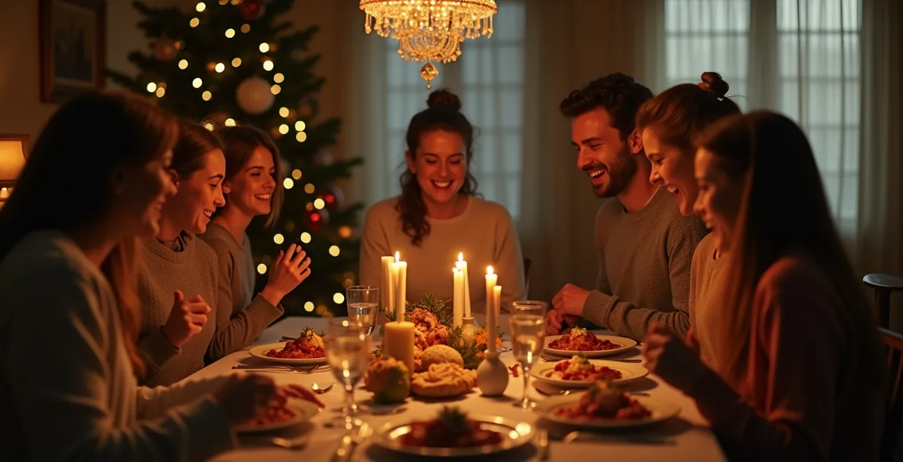 Scène chaleureuse d'une famille humaine riant ensemble dans un décor de Noël avec imperfections visibles, comme un gâteau légèrement brûlé et des décorations simples.