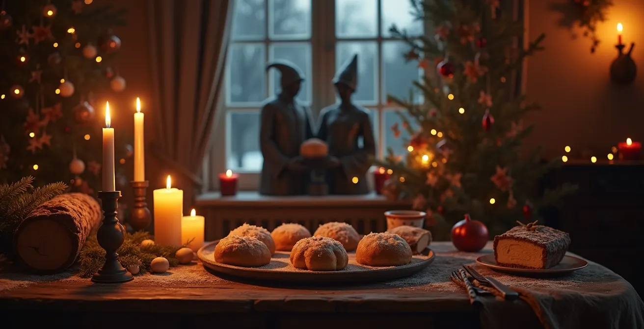 Illustration symbolique mêlant éléments traditionnels et festifs de Noël pour évoquer la quête des traditions perdues