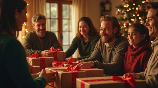 Scène chaleureuse de bénévoles avec des familles et des enfants recevant des cadeaux à Noël, ambiance festive et solidaire