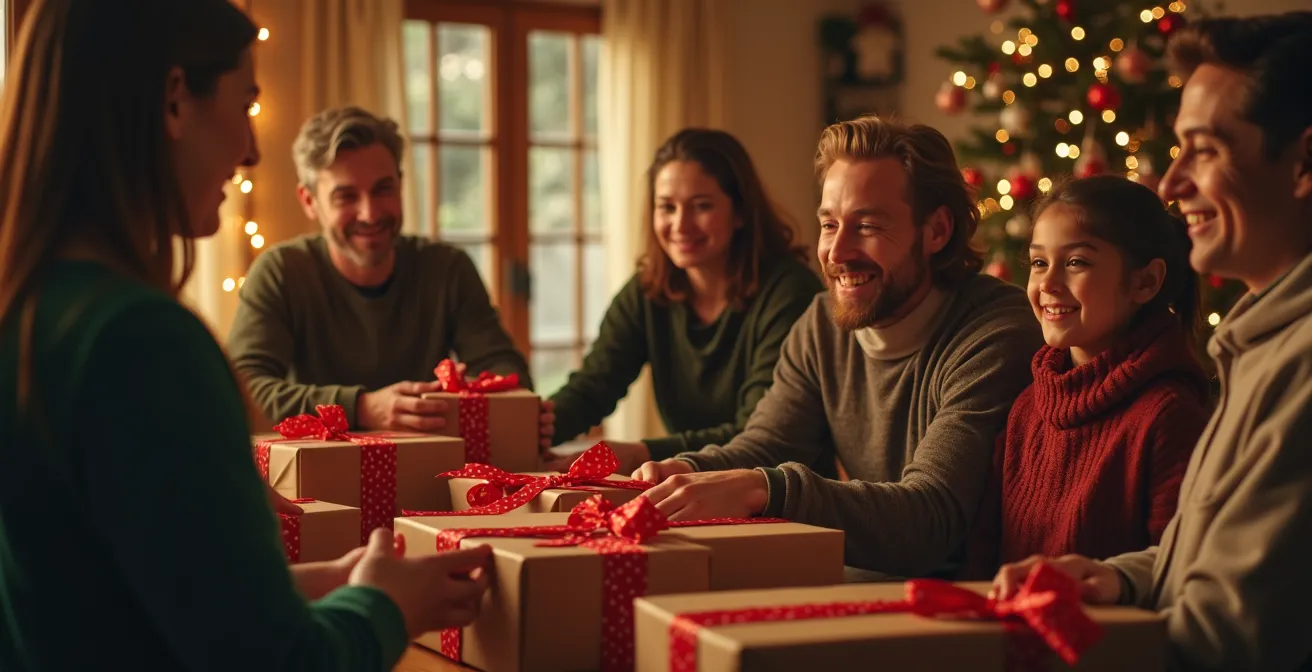 Scène chaleureuse de bénévoles avec des familles et des enfants recevant des cadeaux à Noël, ambiance festive et solidaire