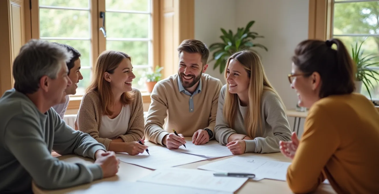 Photo d'un groupe familial multigénérationnel autour d'une table, souriant et en pleine discussion constructive