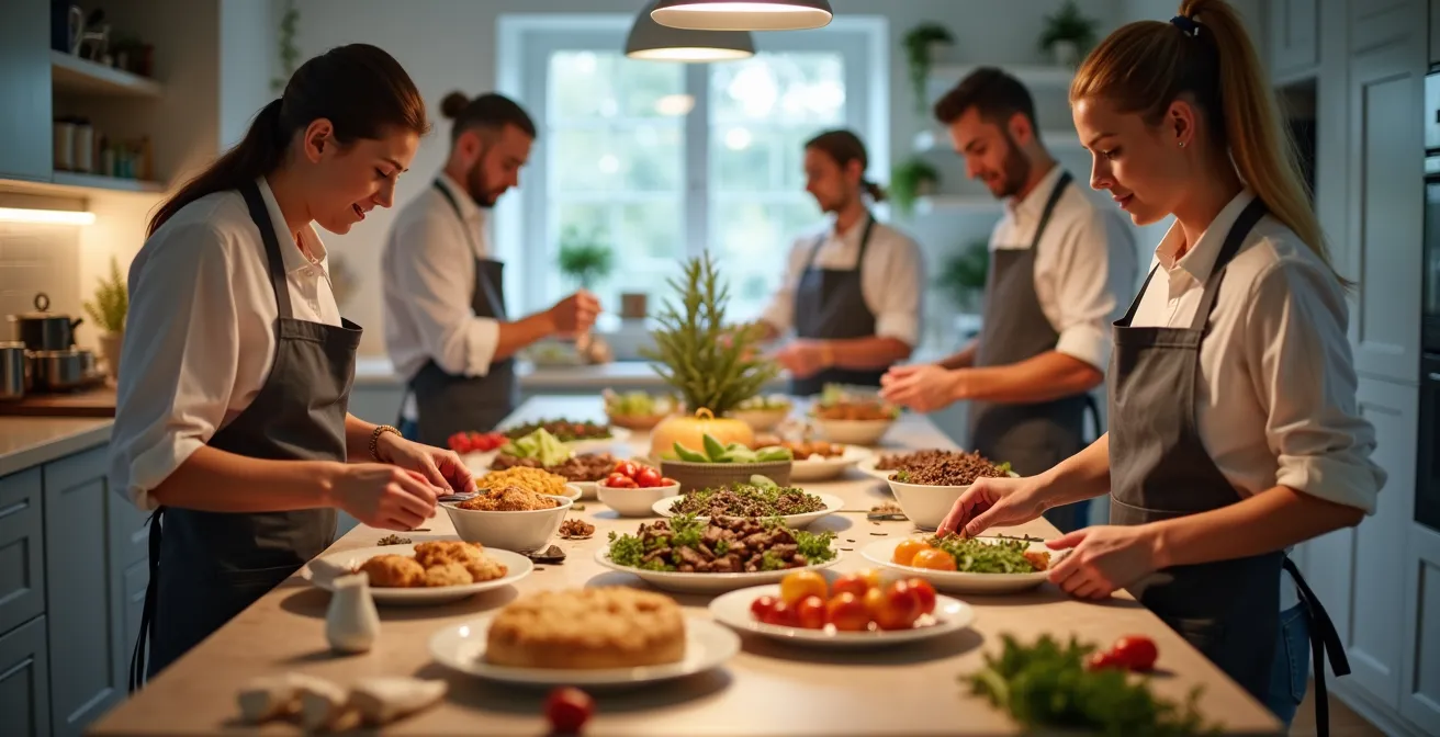Personnes qui préparent plusieurs plats de Noël à congeler sur une grande table, entourées d’ingrédients et listes