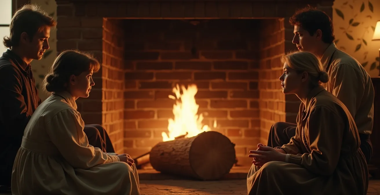 Illustration d'une ancienne cheminée avec une grande bûche allumée illuminant une scène familiale traditionnelle