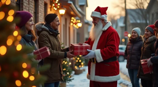 Une scène chaleureuse de quartier pendant Noël, montrant un Père Noël distribuant des cadeaux et des sourires entre voisins solidaires et réunis