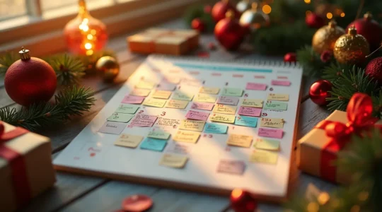 Calendrier de décembre avec annotations de planification de Noël, décorations festives et éléments de gestion de projet