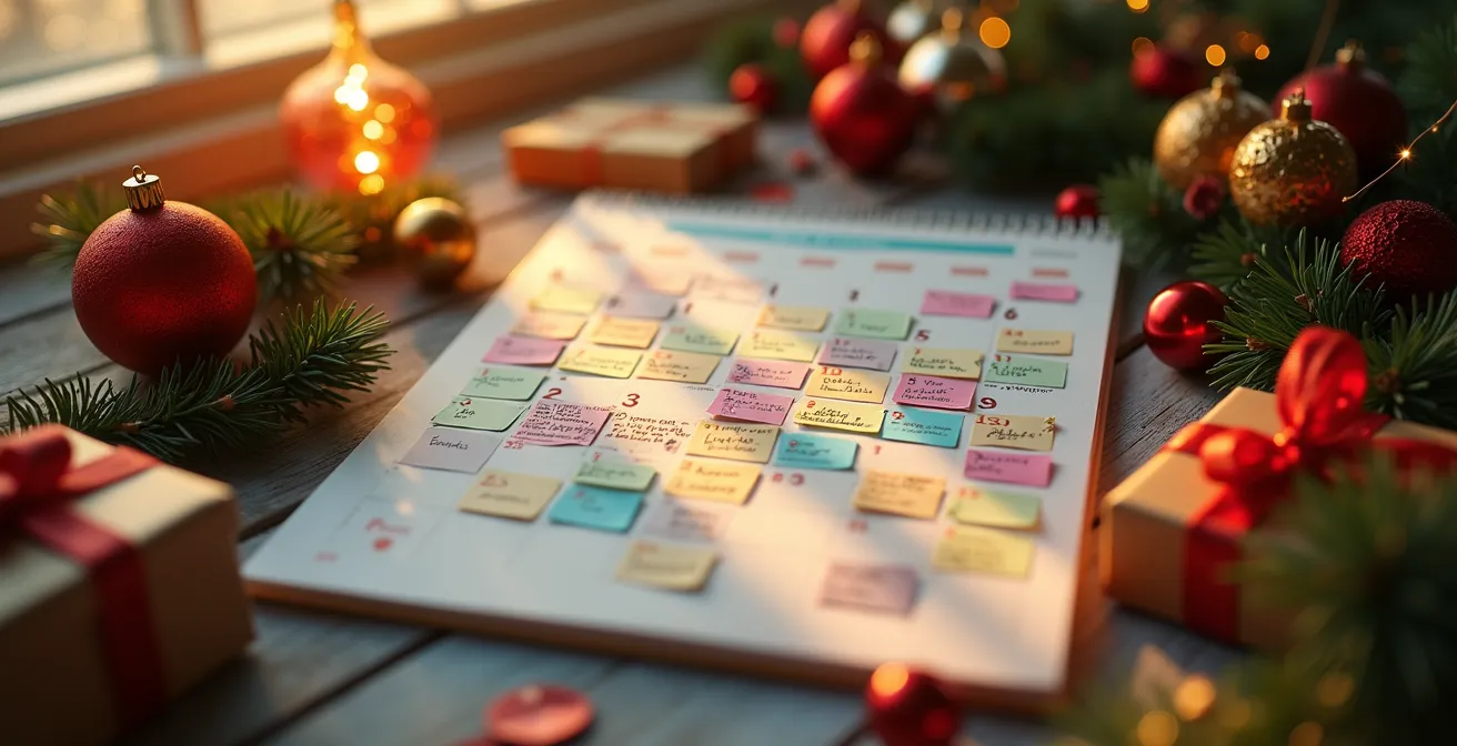 Calendrier de décembre avec annotations de planification de Noël, décorations festives et éléments de gestion de projet