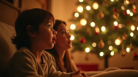 Illustration symbolique d'un adulte et d'un enfant regardant un sapin de Noël illuminé avec émerveillement dans un décor chaleureux et magique.