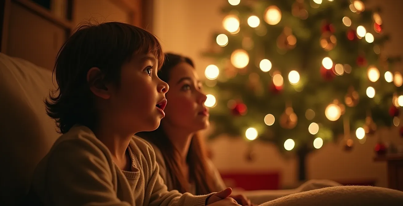 Illustration symbolique d'un adulte et d'un enfant regardant un sapin de Noël illuminé avec émerveillement dans un décor chaleureux et magique.
