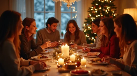 Scène festive de Noël en ambiance chaleureuse avec famille et amis réunis autour d'une table décorée, échangeant des cadeaux et partageant du vin chaud