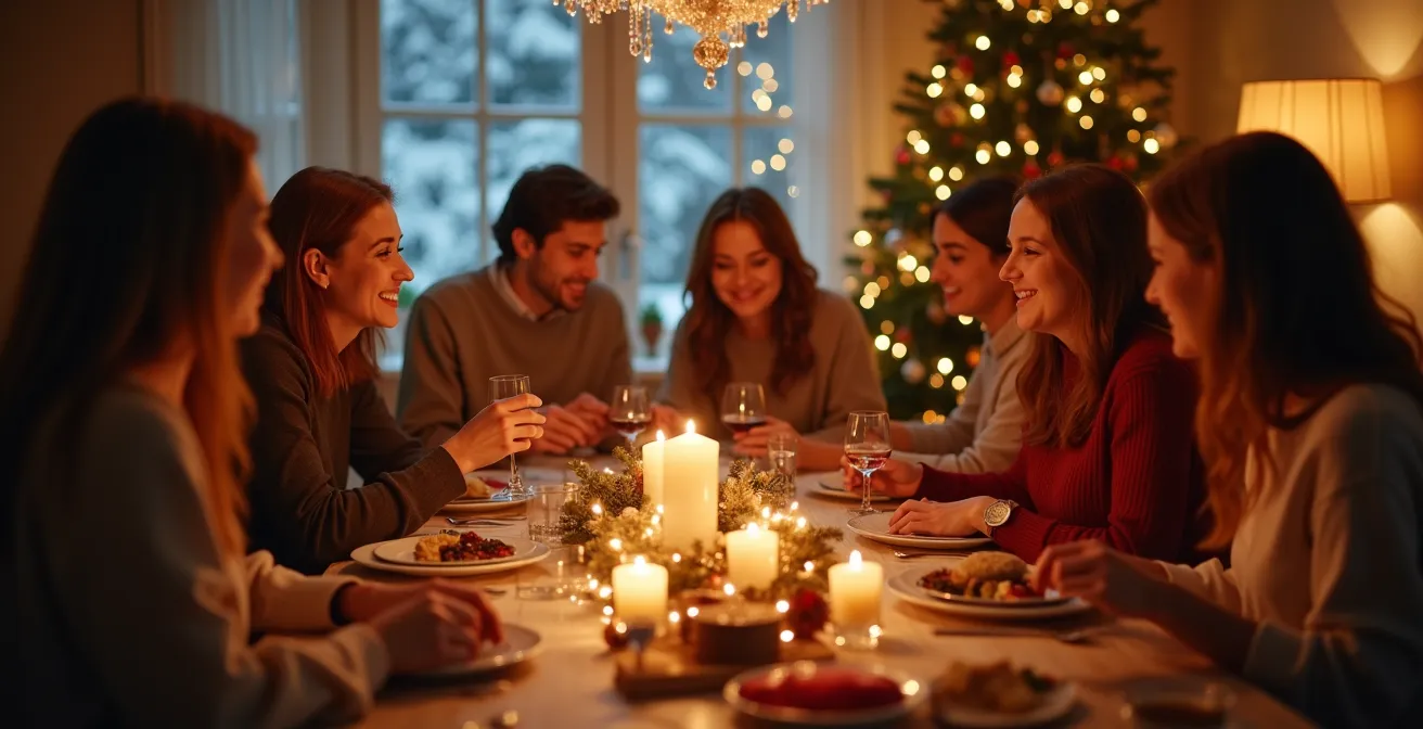 Scène festive de Noël en ambiance chaleureuse avec famille et amis réunis autour d'une table décorée, échangeant des cadeaux et partageant du vin chaud