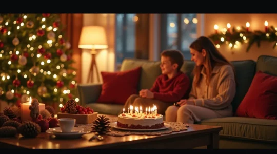 Une scène chaleureuse de Noël illustrant cinq sens : une famille autour d'un sapin décoré avec des bougies, un gâteau au pain d'épices, une playlist musicale en arrière-plan, des textures variées et des lumières tamisées.