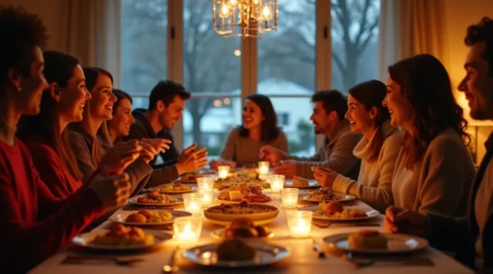 Illustration représentant une personne souriante en train de savourer un repas de fête équilibré, entourée d'une ambiance chaleureuse avec des bougies et des proches, tout en pratiquant une activité douce comme une marche ou des étirements, symbolisant l'équilibre entre plaisir et bien-être.