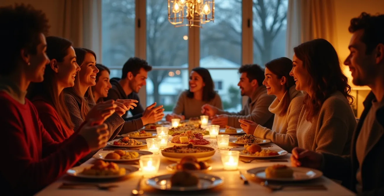 Illustration représentant une personne souriante en train de savourer un repas de fête équilibré, entourée d'une ambiance chaleureuse avec des bougies et des proches, tout en pratiquant une activité douce comme une marche ou des étirements, symbolisant l'équilibre entre plaisir et bien-être.