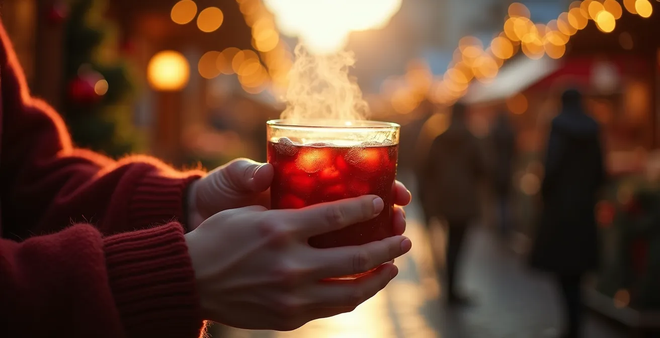 Photo d'un verre de vin chaud fumant tenu par deux mains avec un marché de Noël flou en arrière-plan